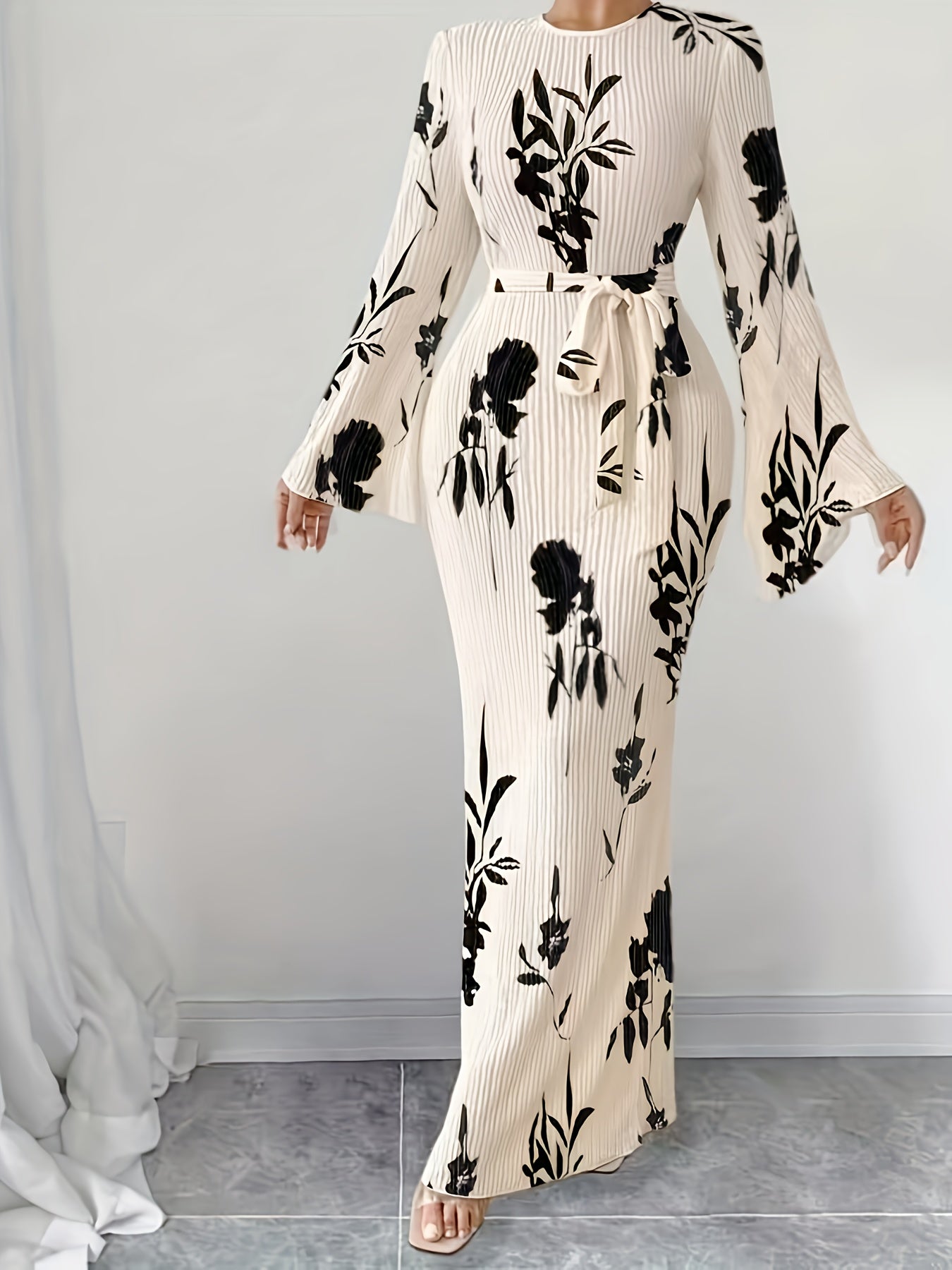 Elegant Women's Floral Maxi Dress with Pleated Fabric - Flared Long Sleeves, Round Neck, Belted Waist, Ribbed Detail - Polyester, Non-Sheer - Perfect for Fall/Winter, Stylish Layering Piece|Pleated Fabric Gown|Polyester Dress